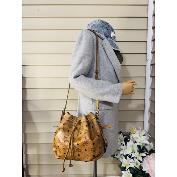 MCM Leather Drawstring Bucket Bag - Visetos Cognac - Picture 10 of 14